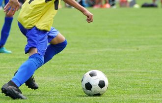 Players shoot at goal after a turn in the box